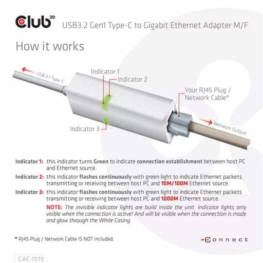 Club 3D Átalakító - CAC-1519 (3.2 USB-C Gen 1 to RJ45 1GB Ethernet, aktív)