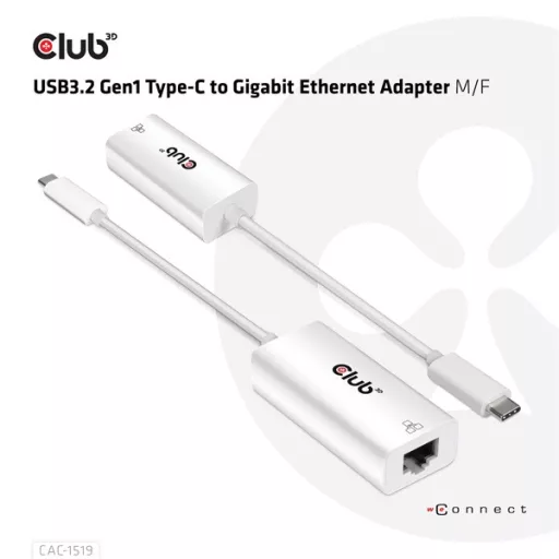 Club 3D Átalakító - CAC-1519 (3.2 USB-C Gen 1 to RJ45 1GB Ethernet, aktív)