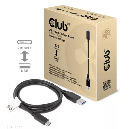 Club 3D Kábel - CAC-1523 (3.1 USB-C Gen 2 to 3.1 USB-A Gen 2, 10Gbps, 60W PD2.0, Bidirectional, 4K60Hz, M/M, 1m)