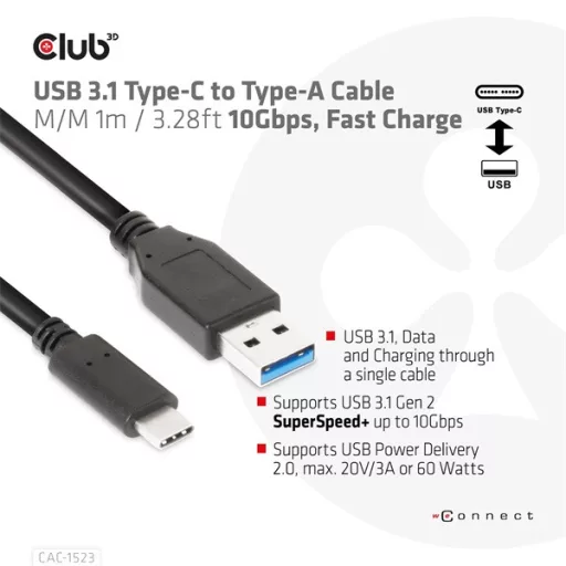 Club 3D Kábel - CAC-1523 (3.1 USB-C Gen 2 to 3.1 USB-A Gen 2, 10Gbps, 60W PD2.0, Bidirectional, 4K60Hz, M/M, 1m)