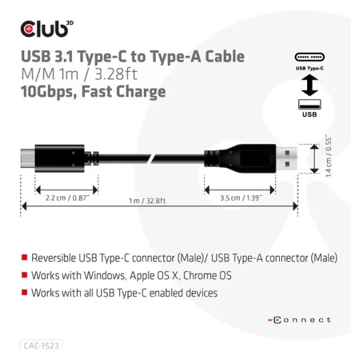 Club 3D Kábel - CAC-1523 (3.1 USB-C Gen 2 to 3.1 USB-A Gen 2, 10Gbps, 60W PD2.0, Bidirectional, 4K60Hz, M/M, 1m)