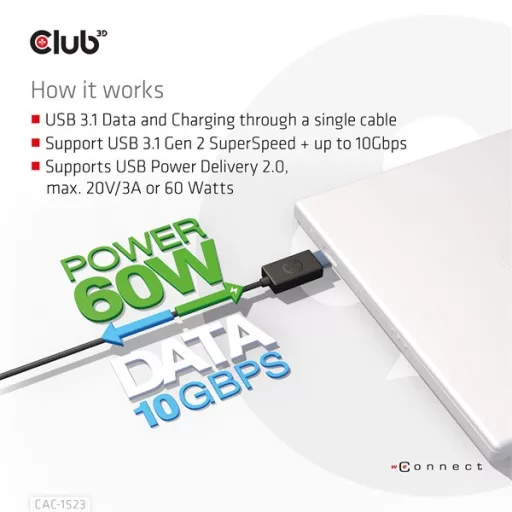 Club 3D Kábel - CAC-1523 (3.1 USB-C Gen 2 to 3.1 USB-A Gen 2, 10Gbps, 60W PD2.0, Bidirectional, 4K60Hz, M/M, 1m)