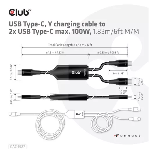 Club 3D Kábel - CAC-1527 (USB-C Y kábel, 100W PD, 1.83m, 2xUSB-C)