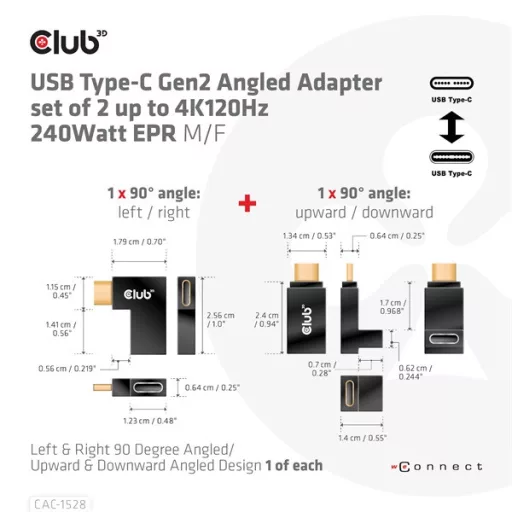 Club 3D Átalakító - CAC-1528 (USB-C Gen 2 to USB-C Gen 2, 90 fokos adapter, 10Gbps, 4k120Hz)