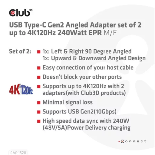 Club 3D Átalakító - CAC-1528 (USB-C Gen 2 to USB-C Gen 2, 90 fokos adapter, 10Gbps, 4k120Hz)