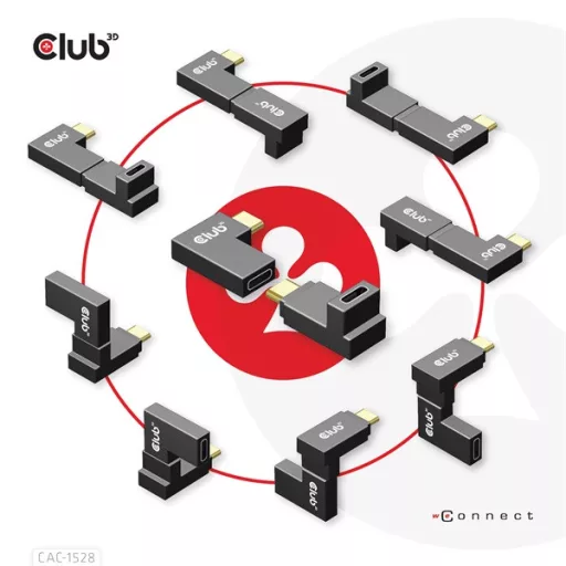 Club 3D Átalakító - CAC-1528 (USB-C Gen 2 to USB-C Gen 2, 90 fokos adapter, 10Gbps, 4k120Hz)