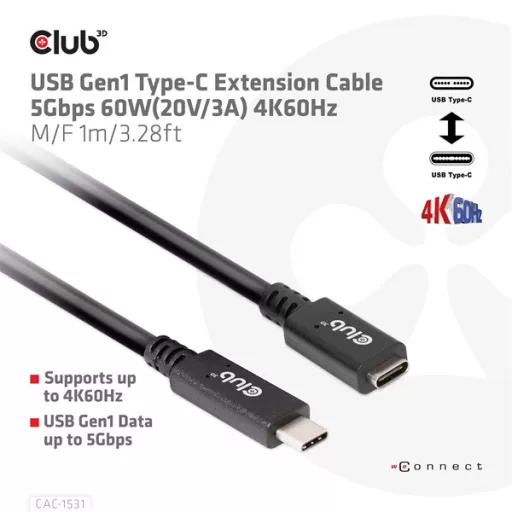 Club 3D Kábel - CAC-1531 (USB-C Gen 1 to USB-C, 5Gbps, 60W, 4K60Hz, M/F, 1m)