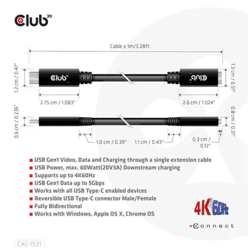 Club 3D Kábel - CAC-1531 (USB-C Gen 1 to USB-C, 5Gbps, 60W, 4K60Hz, M/F, 1m)