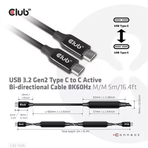 Club 3D Kábel - CAC-1535 (3.2 USB-C Gen 2 to 3.2 USB-C Gen 2, 60W PD, 8K60Hz, Bidirectional, M/M, 5m)