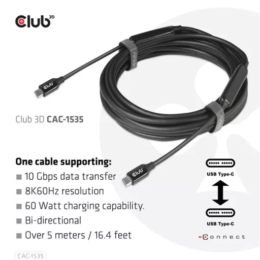 Club 3D Kábel - CAC-1535 (3.2 USB-C Gen 2 to 3.2 USB-C Gen 2, 60W PD, 8K60Hz, Bidirectional, M/M, 5m)