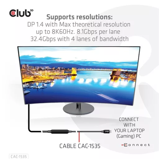 Club 3D Kábel - CAC-1535 (3.2 USB-C Gen 2 to 3.2 USB-C Gen 2, 60W PD, 8K60Hz, Bidirectional, M/M, 5m)