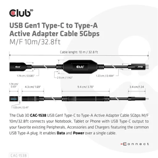 Club 3D Kábel - CAC-1538 (USB-C Gen 1 to USB-A, 5Gbps, 10m)