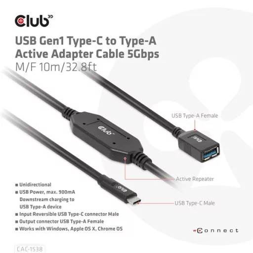 Club 3D Kábel - CAC-1538 (USB-C Gen 1 to USB-A, 5Gbps, 10m)