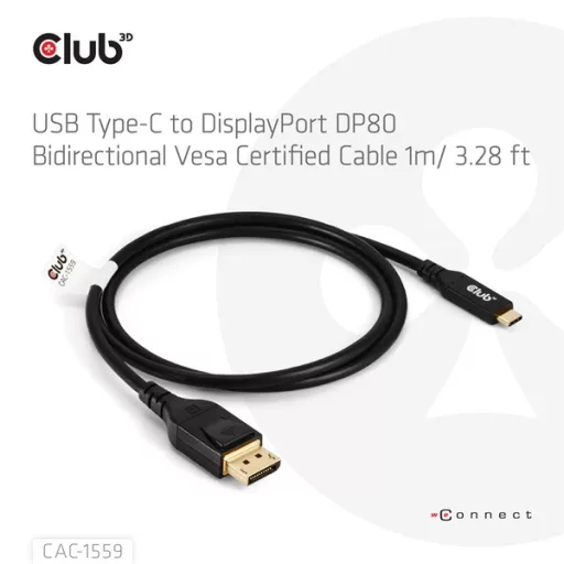 Club 3D Kábel - CAC-1559 (USB-C to DisplayPort 2.1, DP80 Bidirectional, 1m, 8K60Hz)