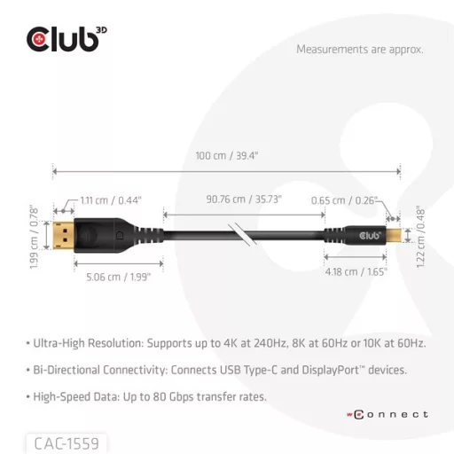 Club 3D Kábel - CAC-1559 (USB-C to DisplayPort 2.1, DP80 Bidirectional, 1m, 8K60Hz)