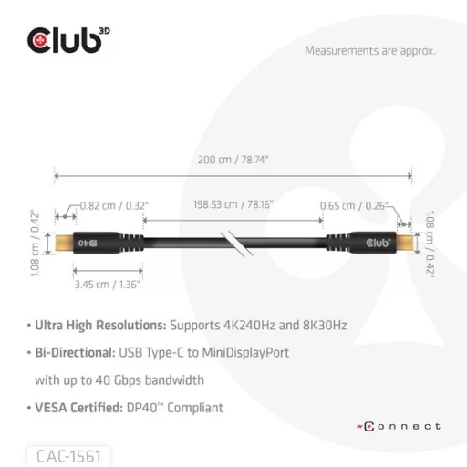 Club 3D Kábel - CAC-1561 (USB-C to Mini DisplayPort 2.1, DP40 Bidirectional, 2m, 8K30Hz)