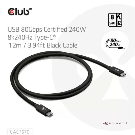 Club 3D Kábel - CAC-1570 (USB4 USB-C, 240W PD, 80Gbps, 8K240Hz, 4K540Hz, Bidirectional, fekete, M/M, 1,2m)