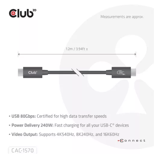 Club 3D Kábel - CAC-1570 (USB4 USB-C, 240W PD, 80Gbps, 8K240Hz, 4K540Hz, Bidirectional, fekete, M/M, 1,2m)