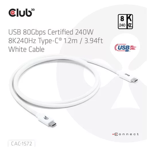 Club 3D Kábel - CAC-1572 (USB4 USB-C, 240W PD, 80Gbps, 8K240Hz, 4K540Hz, Bidirectional, fehér, M/M, 1,2m)