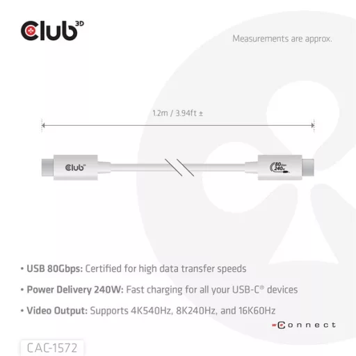 Club 3D Kábel - CAC-1572 (USB4 USB-C, 240W PD, 80Gbps, 8K240Hz, 4K540Hz, Bidirectional, fehér, M/M, 1,2m)