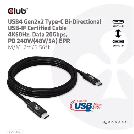 Club 3D Kábel - CAC-1575 (USB4 USB-C Gen 2x2, Bi-Directional USB-IF, 4K60Hz, 20Gbps, PD 240W(48V/5A) EPR M/M, 2m)