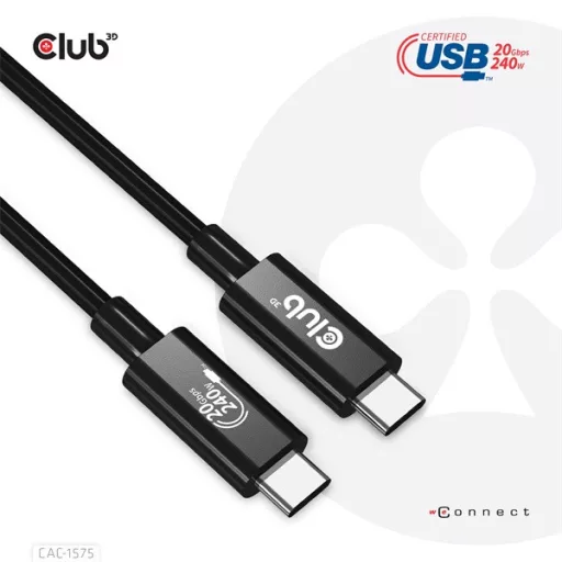 Club 3D Kábel - CAC-1575 (USB4 USB-C Gen 2x2, Bi-Directional USB-IF, 4K60Hz, 20Gbps, PD 240W(48V/5A) EPR M/M, 2m)