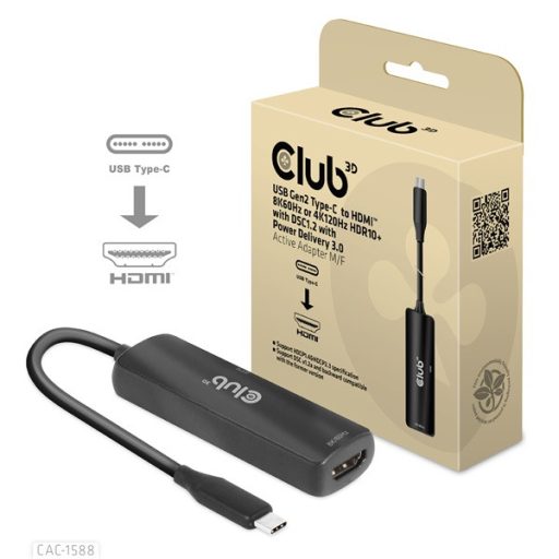 Club 3D Átalakító - CAC-1588 (USB-C Gen 2 to HDMI 4K120Hz, HDR10, DSC 1.2, USB-C 100W PD3.0, aktív)
