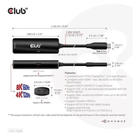 Club 3D Átalakító - CAC-1588 (USB-C Gen 2 to HDMI 4K120Hz, HDR10, DSC 1.2, USB-C 100W PD3.0, aktív)