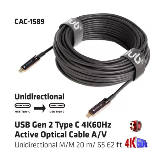 Club 3D Kábel - CAC-1589 (3.2 USB-C Gen 2 to 3.2 USB-C Gen 2, aktív, optikai, 60W PD, 4K60Hz, Bidirectional, M/M, 20m)
