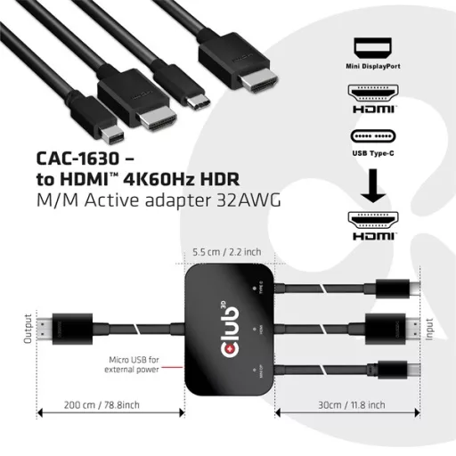 Club 3D Átalakító - CAC-1630 (USB-C + HDMI + MiniDisplayport to HDMI 4K60Hz, M/M, 32AVG)