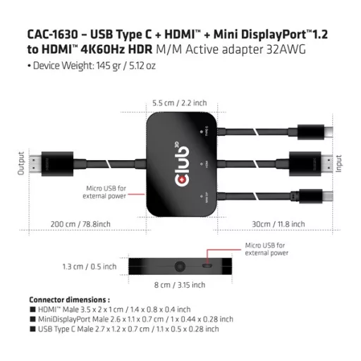 Club 3D Átalakító - CAC-1630 (USB-C + HDMI + MiniDisplayport to HDMI 4K60Hz, M/M, 32AVG)
