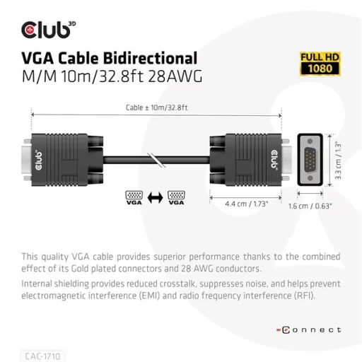 Club 3D Kábel - CAC-1710 (VGA Bidirectional, M/M, 10m, 28AWG, 1080p)