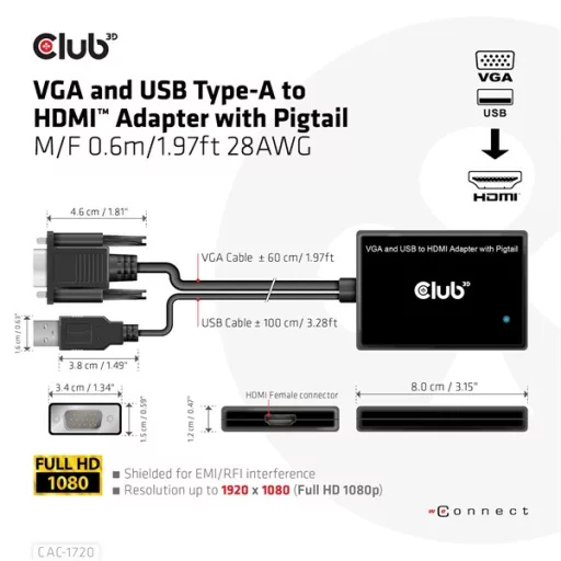 Club 3D Átalakító - CAC-1720 (USB-A & VGA to HDMI, M/F, 0.6m, 28AWG, Full HD 1080p)