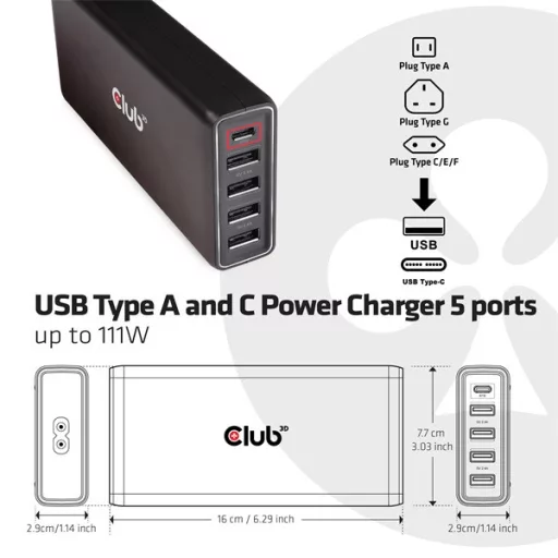 Club 3D Átalakító - CAC-1903 (5 port, 111W töltő, 4xUSB-A, 1xUSB-C PD)