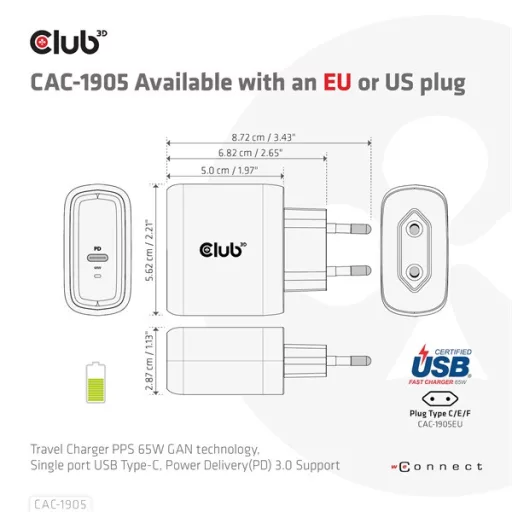 Club 3D Hálózati töltő - CAC-1905EU (65W GAN, USB-C, PD 3.0, túltöltés védelem, kicsi méret)