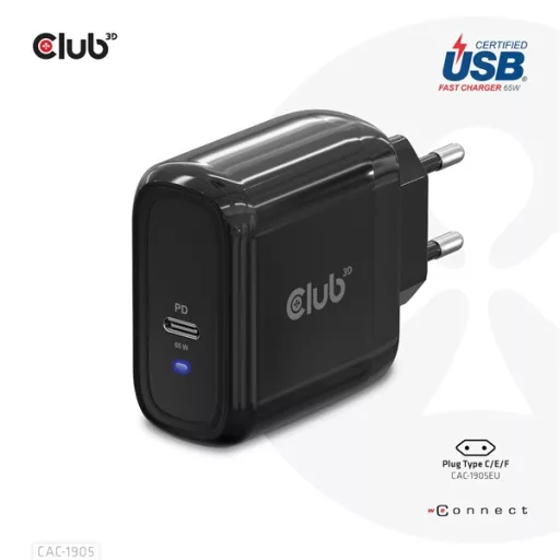 Club 3D Hálózati töltő - CAC-1905EU (65W GAN, USB-C, PD 3.0, túltöltés védelem, kicsi méret)