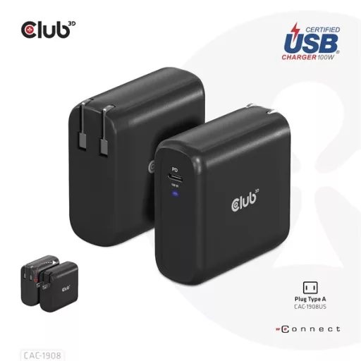 Club 3D Hálózati töltő - CAC-1908EU (100W GAN, USB-IF, egyportos USB-C, PD 3.0 támogatás)