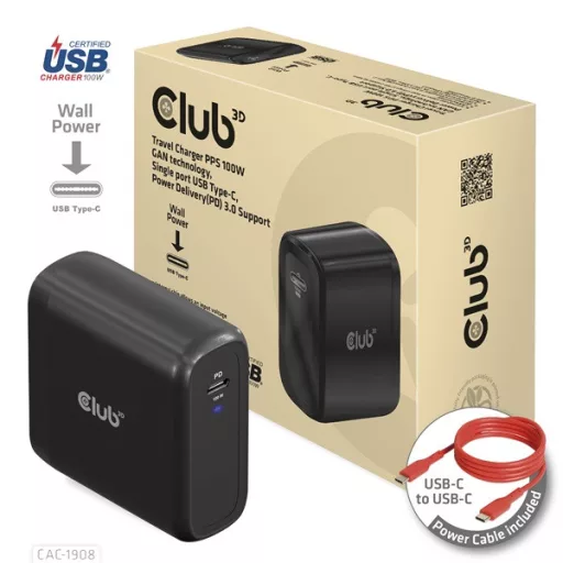 Club 3D Hálózati töltő - CAC-1908EU (100W GAN, USB-IF, egyportos USB-C, PD 3.0 támogatás)