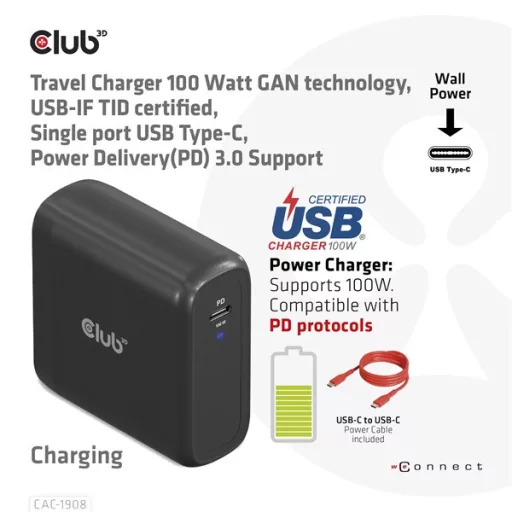 Club 3D Hálózati töltő - CAC-1908EU (100W GAN, USB-IF, egyportos USB-C, PD 3.0 támogatás)