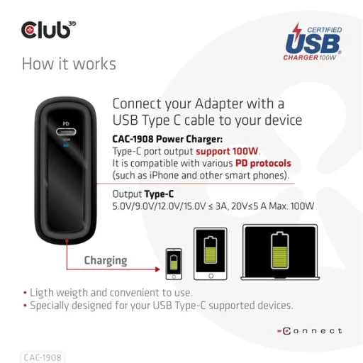 Club 3D Hálózati töltő - CAC-1908EU (100W GAN, USB-IF, egyportos USB-C, PD 3.0 támogatás)