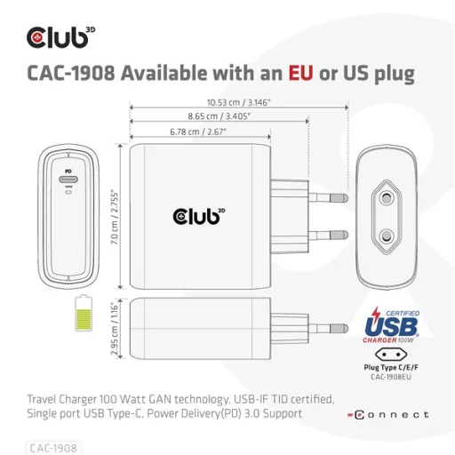 Club 3D Hálózati töltő - CAC-1908EU (100W GAN, USB-IF, egyportos USB-C, PD 3.0 támogatás)