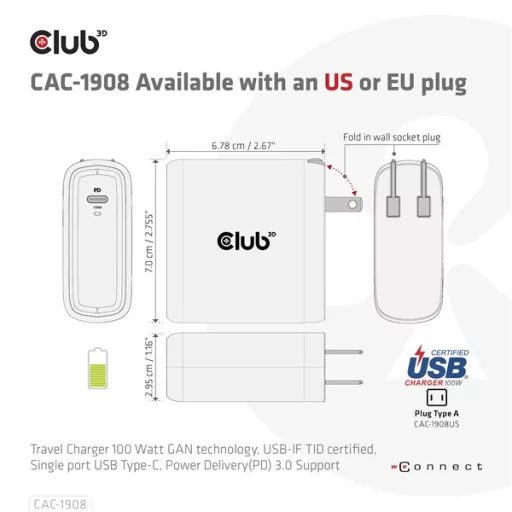 Club 3D Hálózati töltő - CAC-1908EU (100W GAN, USB-IF, egyportos USB-C, PD 3.0 támogatás)