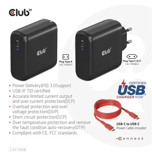 Club 3D Hálózati töltő - CAC-1908EU (100W GAN, USB-IF, egyportos USB-C, PD 3.0 támogatás)
