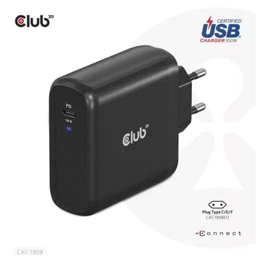 Club 3D Hálózati töltő - CAC-1908EU (100W GAN, USB-IF, egyportos USB-C, PD 3.0 támogatás)