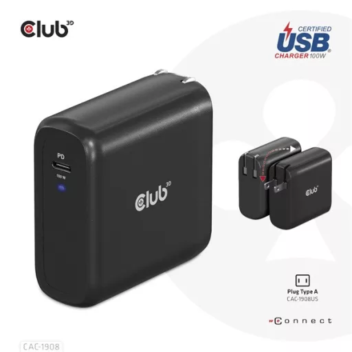 Club 3D Hálózati töltő - CAC-1908EU (100W GAN, USB-IF, egyportos USB-C, PD 3.0 támogatás)