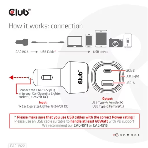 Club 3D Autós Töltő - CAC-1922 (63W, USB-A, USB-C, 12-24V, QC3.0)