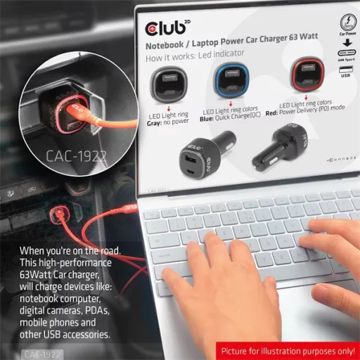 Club 3D Autós Töltő - CAC-1922 (63W, USB-A, USB-C, 12-24V, QC3.0)