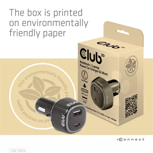 Club 3D Autós Töltő - CAC-1922 (63W, USB-A, USB-C, 12-24V, QC3.0)