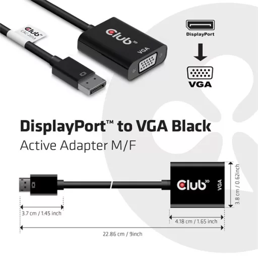Club 3D Átalakító - CAC-2013 (DisplayPort 1.1a to VGA, fekete, aktív, WUXGA 1920x1200 @60Hz)