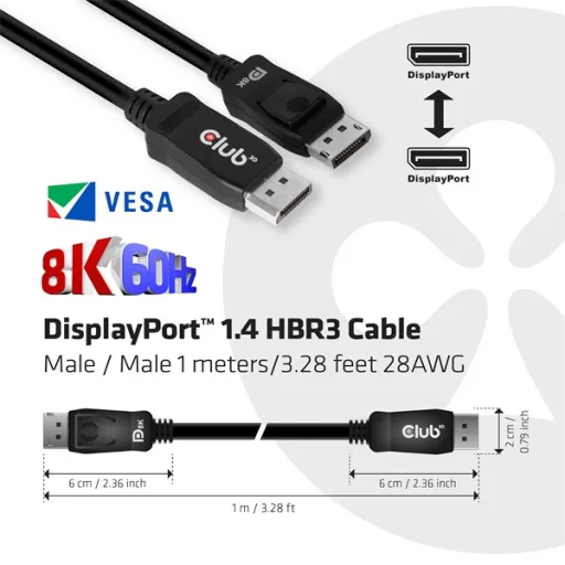 Club 3D Kábel - CAC-2067 (DisplayPort 1.4, HBR3, 8K60Hz, 1m, M/M, VESA minősítés)